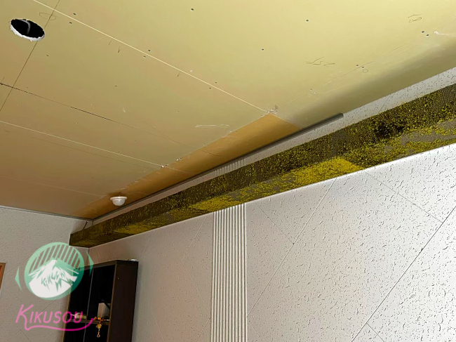 菊総リニューアル工事⑦　天井部装飾用に出隅部分に芝生のようなカーペットを貼り付けた様子